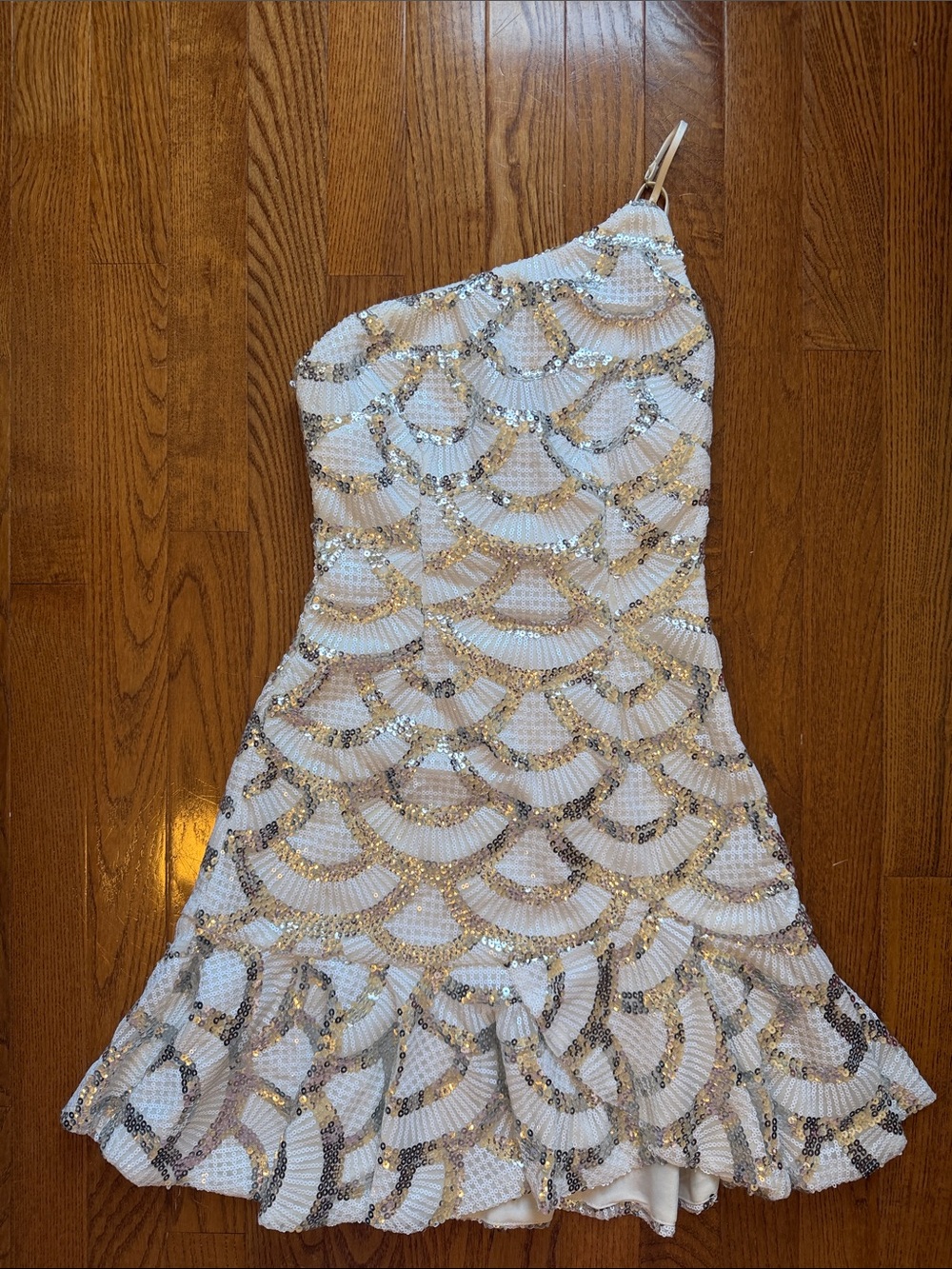 Angel Biba White and Gold One-Shoulder Sequin Dress